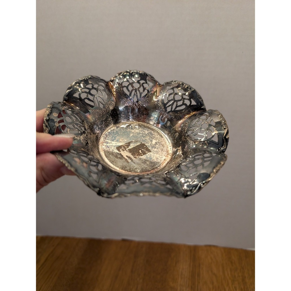 VTG EP Brass GERMANY Pierced Trinket Dish Bowl Silver Plated, 5.5"